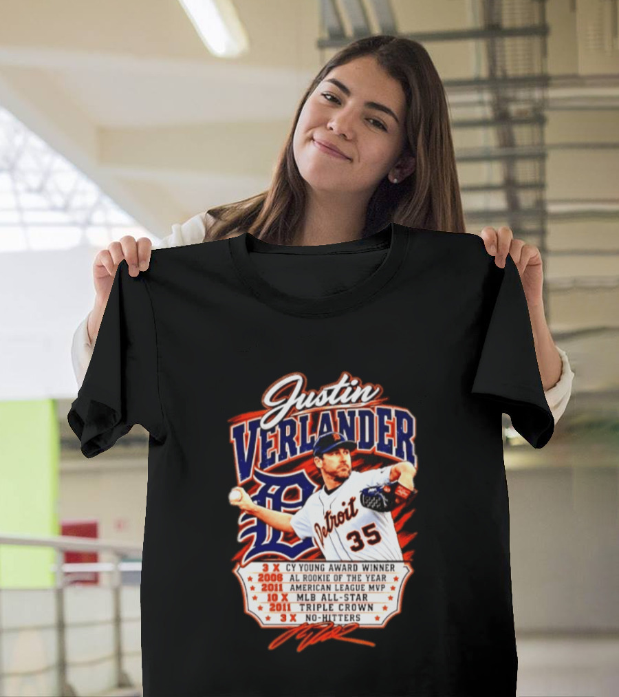 Justin Verlander Detroit Tigers Triple Crown 3x Cy Young 2011 MVP MLB All Star No Hitters T-Shirt