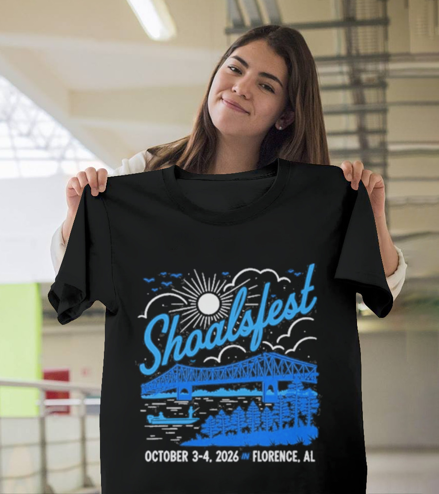 ShoalsFest October 3 4 2026 McFarland Park Florence Alabama Event With Bridge Illustration And Sun T-Shirt