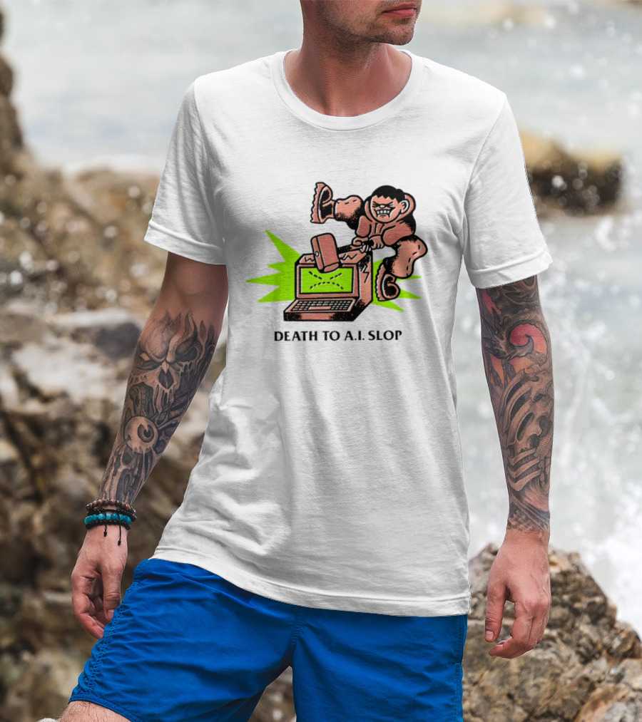 Death To AI Slop Digital Technology Revolution Sledgehammer Laptop Destruction T-Shirt