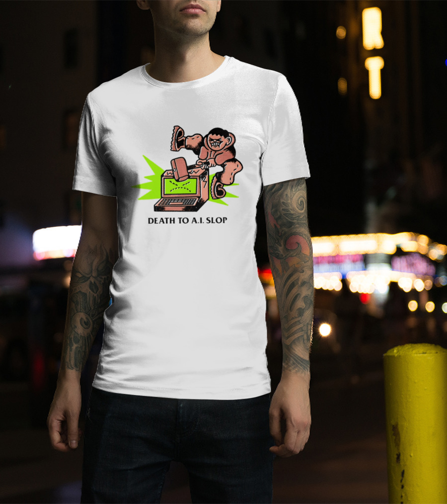 Death To AI Slop Digital Technology Revolution Sledgehammer Laptop Destruction T-Shirt