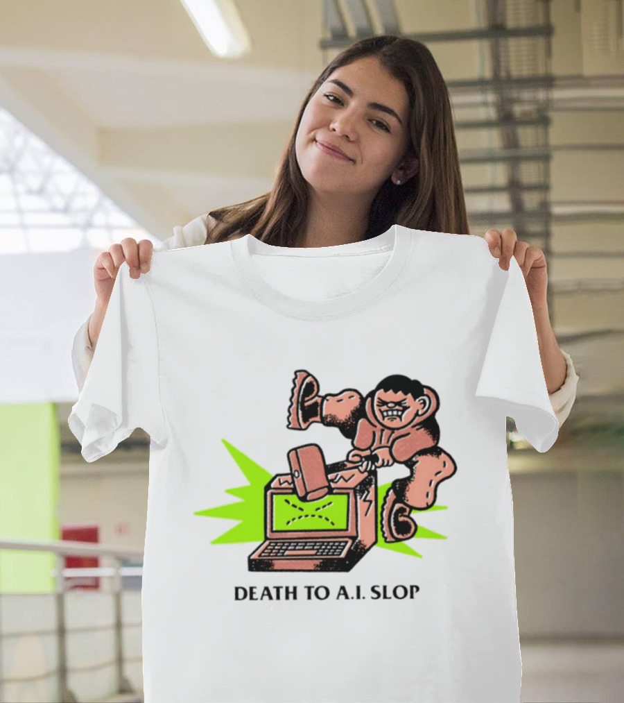 Death To AI Slop Digital Technology Revolution Sledgehammer Laptop Destruction T-Shirt