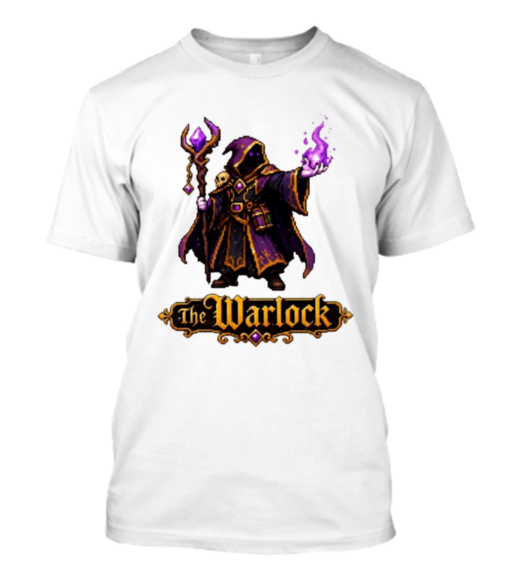 The Warlock Pixel Fantasy Mage RPG Cloaked Wizard With Staff And Magic Spell T-Shirt