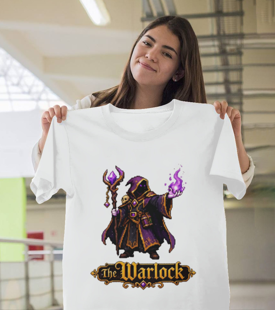 The Warlock Pixel Fantasy Mage RPG Cloaked Wizard With Staff And Magic Spell T-Shirt