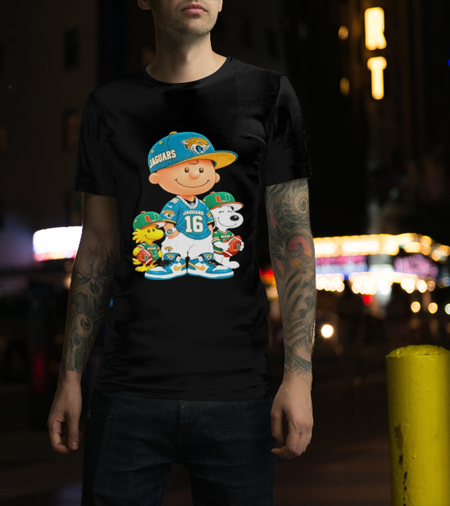 Peanuts Charlie Brown Snoopy Woodstock Jacksonville Jaguars Miami Hurricanes Football Fan Gear T-Shirt