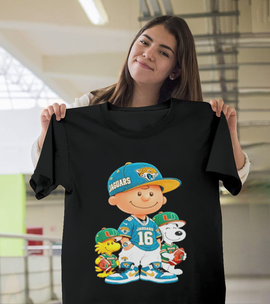 Peanuts Charlie Brown Snoopy Woodstock Jacksonville Jaguars Miami Hurricanes Football Fan Gear T-Shirt