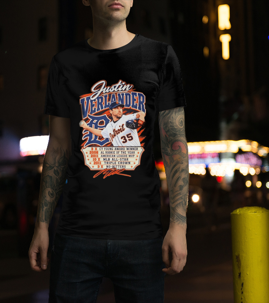 Justin Verlander Detroit Tigers Career 3x Cy Young Award Winner AL Rookie Of The Year 2011 American League MVP MLB All Star Triple Crown No Hitters T-Shirt