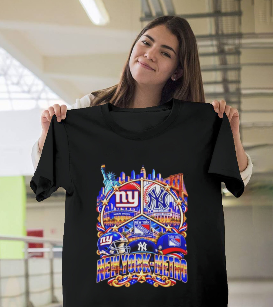 New York Metro Giants Yankees Rangers Skyline Stadium Statue Liberty T-Shirt