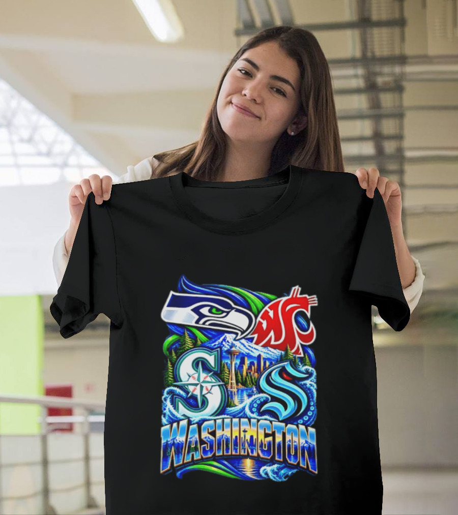 Seattle Seahawks Washington State Cougars Mariners Kraken Washington Skyline T-Shirt