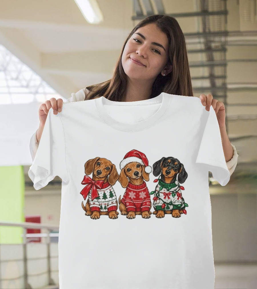 Cozy Christmas Dachshund Trio In Festive Sweaters With Santa Hat T-Shirt