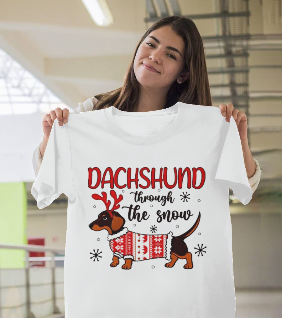 Dachshund Through The Snow Christmas Dog Lover Reindeer Antlers Winter Holiday Sweater T-Shirt