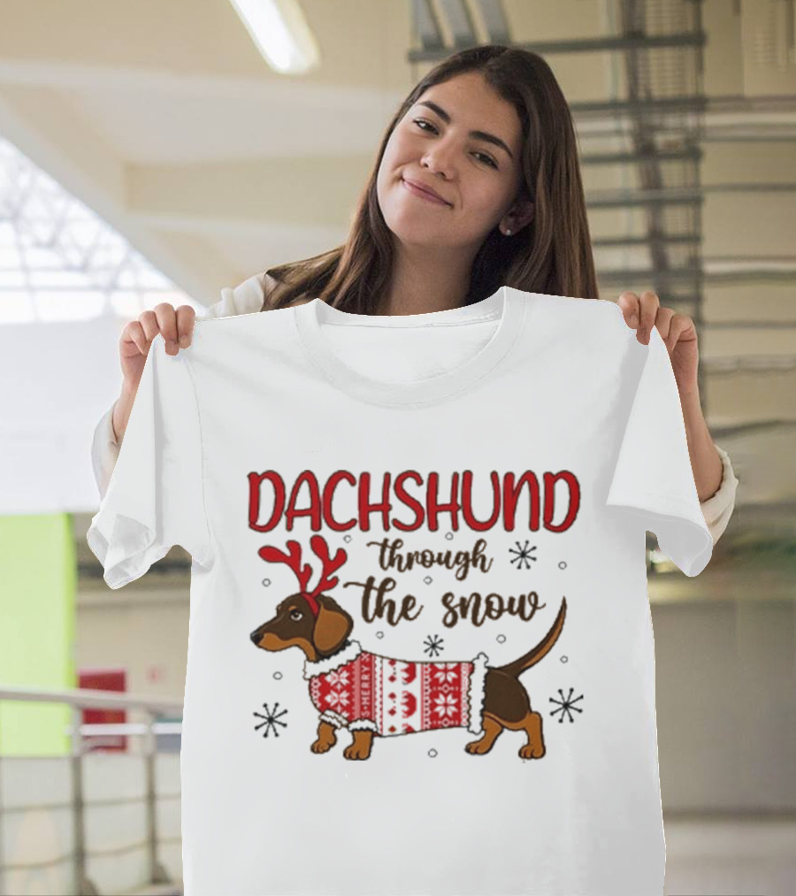 Dachshund Through The Snow Christmas Sweater Reindeer Antlers T-Shirt