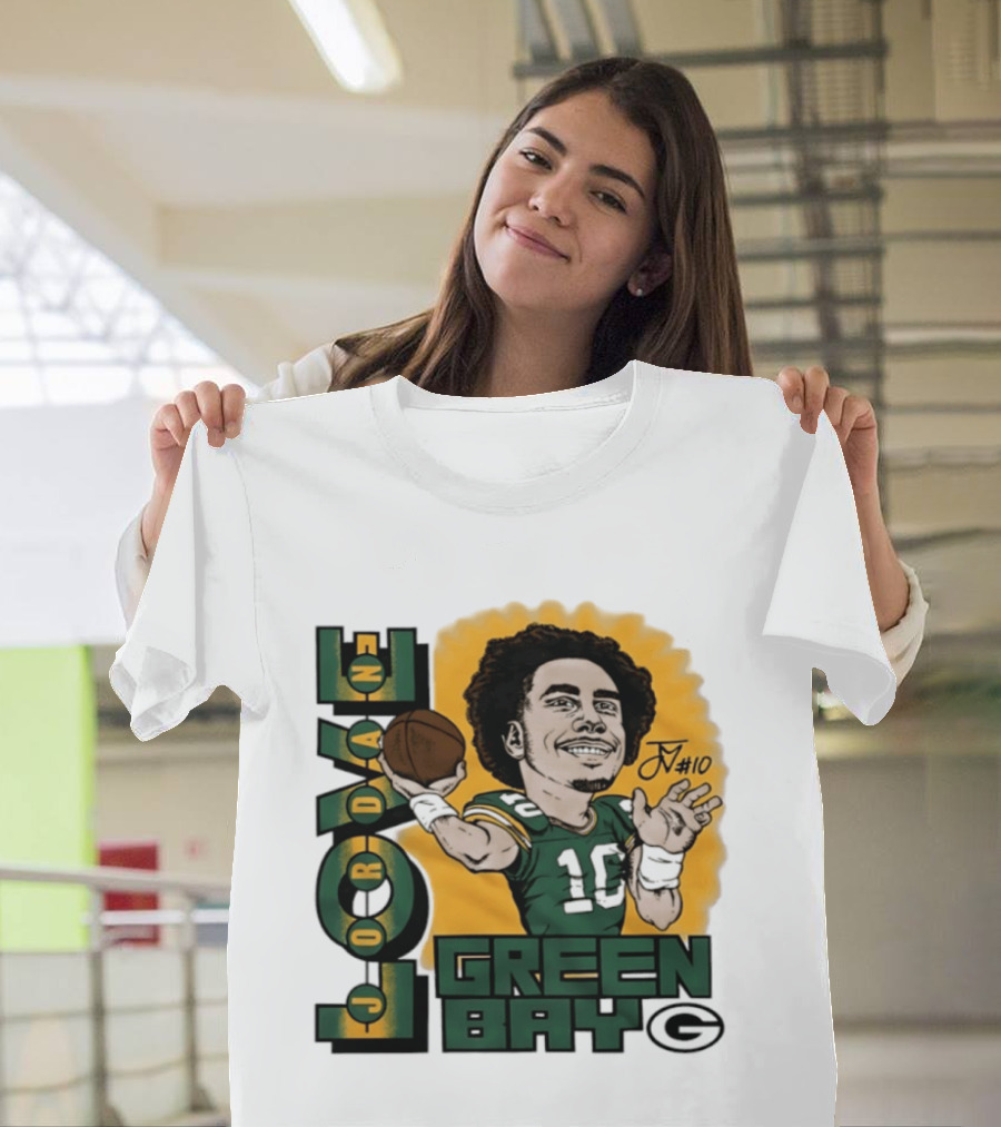 Green Bay Packers Jordan Love Caricature Player Number 10 Football T-Shirt