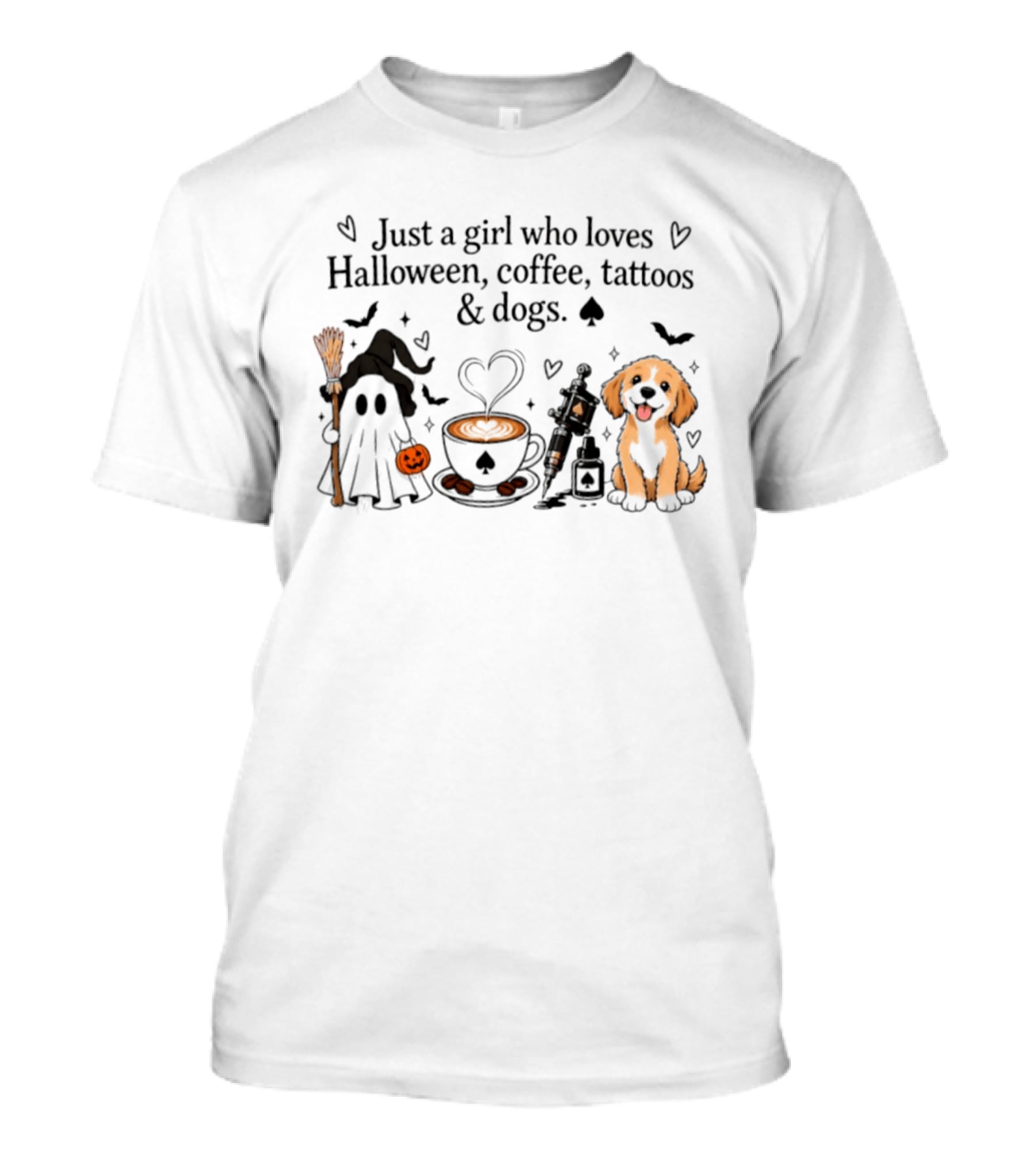 Just A Girl Who Loves Halloween Coffee Tattoos And Dogs Ghost Witch Hat Puppy Pumpkin T-Shirt