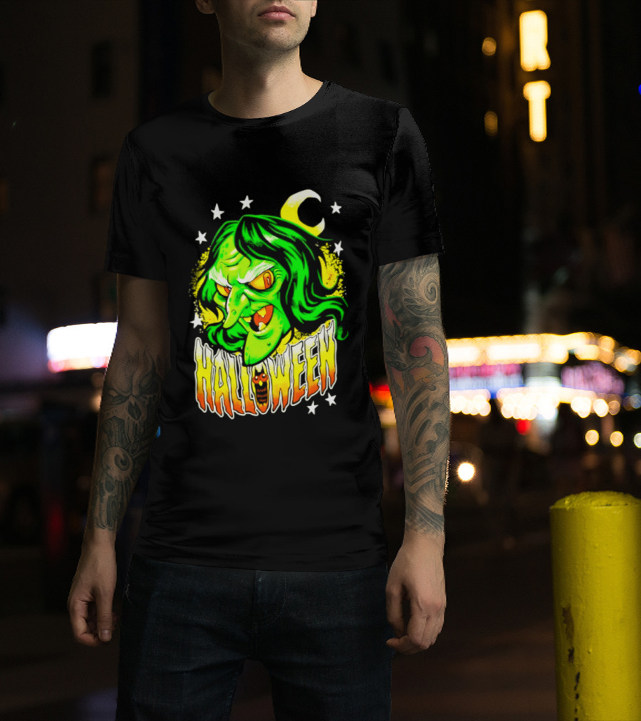 Halloween Witch Green Face Crescent Moon And Stars T-Shirt