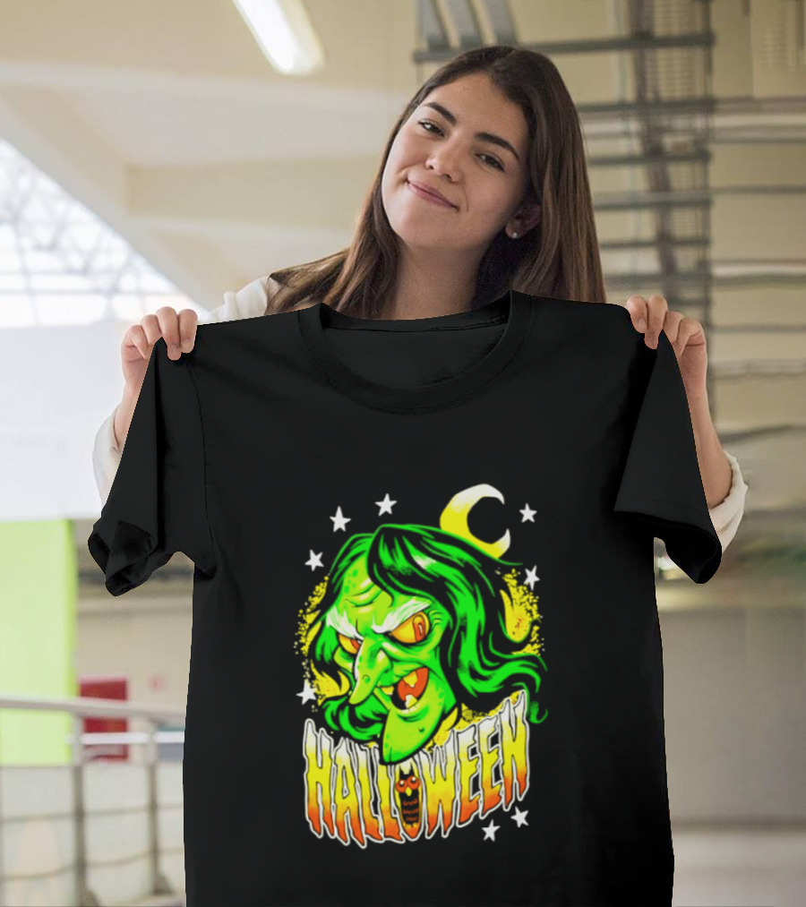 Halloween Witch Green Face Crescent Moon And Stars T-Shirt