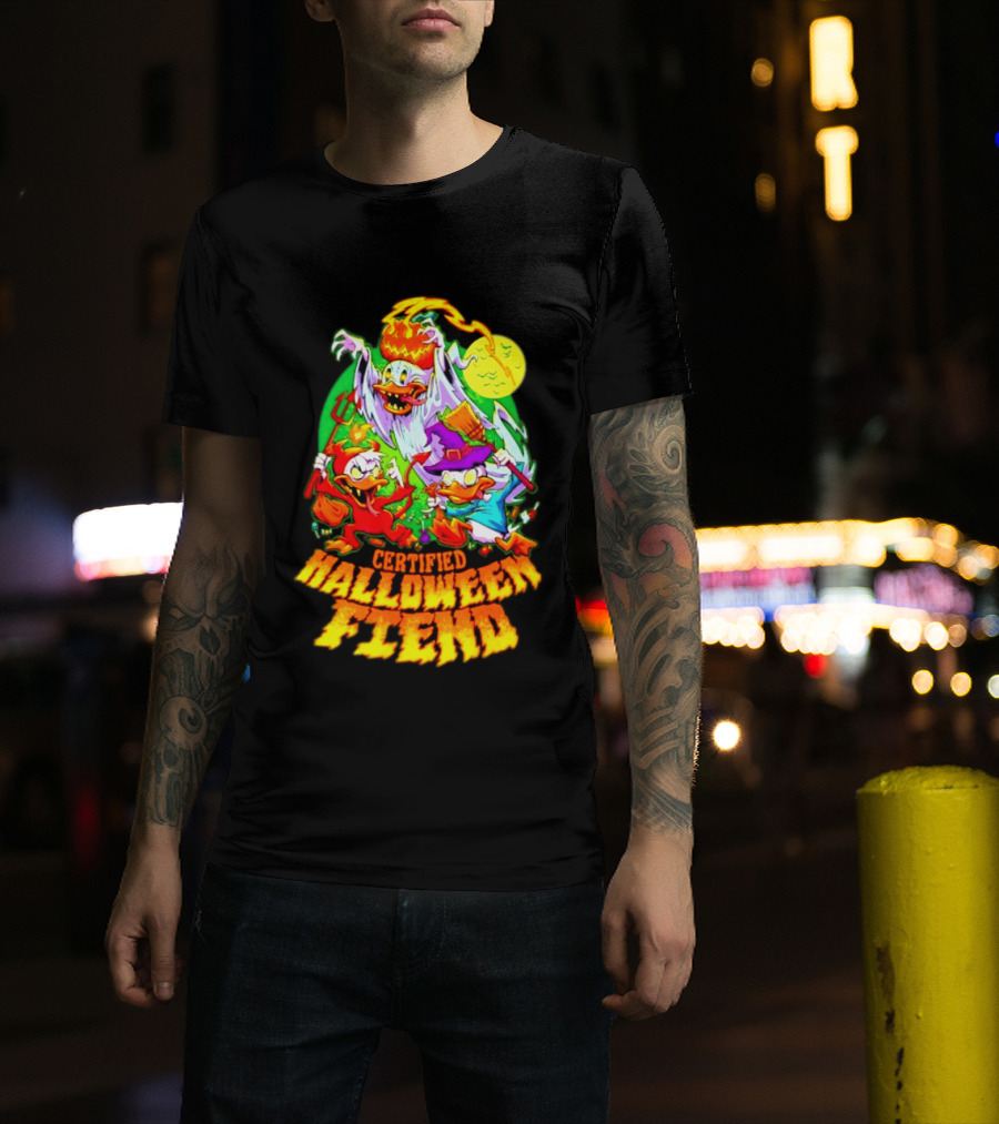 Certified Halloween Fiend Donald Duck Huey Dewey Louie Ghost Witch Devil Moon Scene T-Shirt
