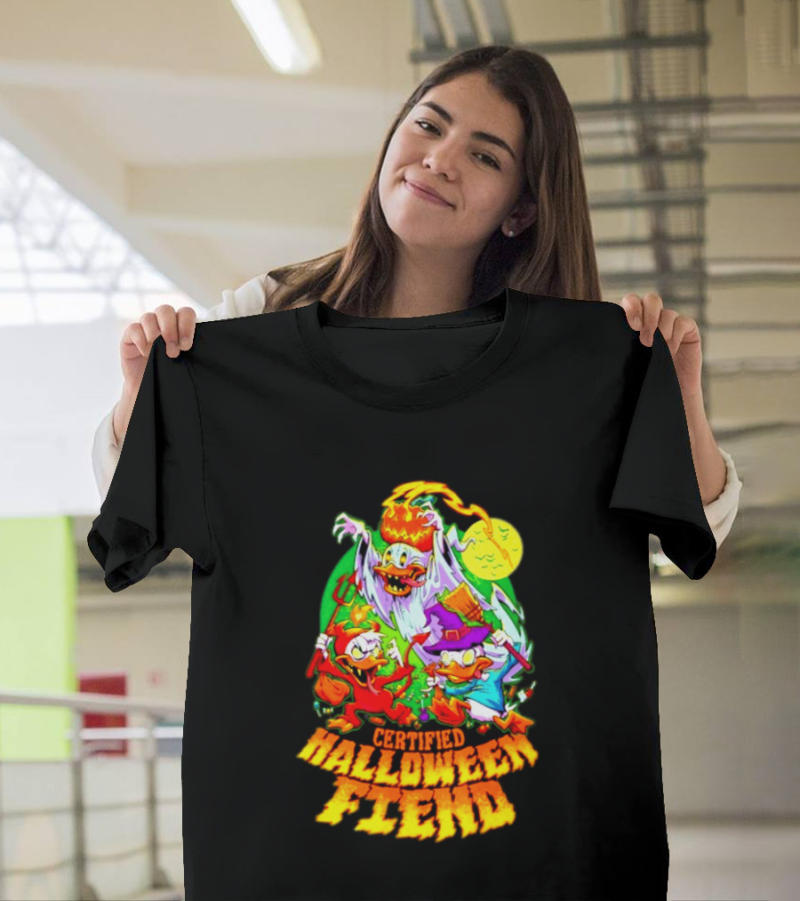 Certified Halloween Fiend Donald Duck Huey Dewey Louie Ghost Witch Devil Moon Scene T-Shirt