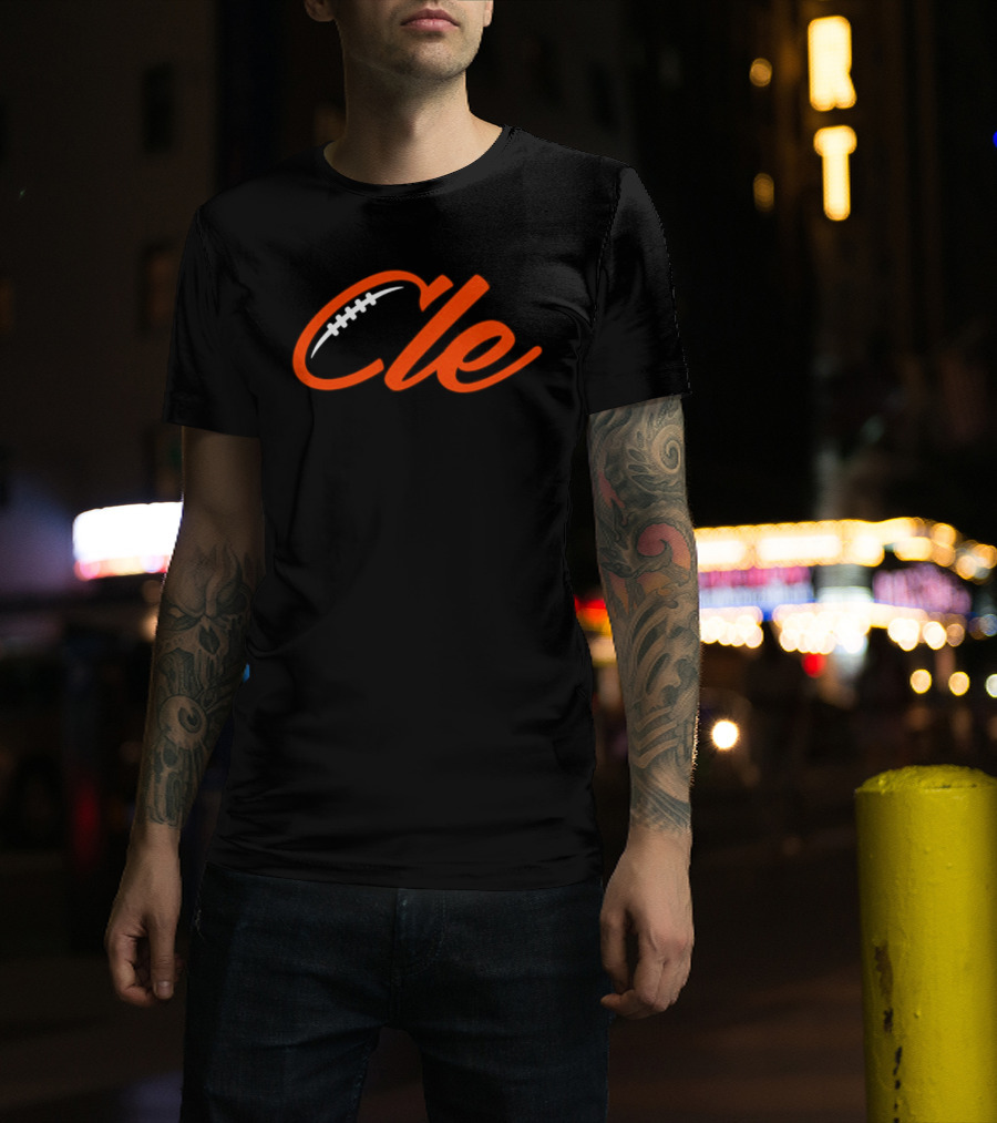 Cleveland Browns Cle Football Team Cle Script Text With Football Stitching T-Shirt