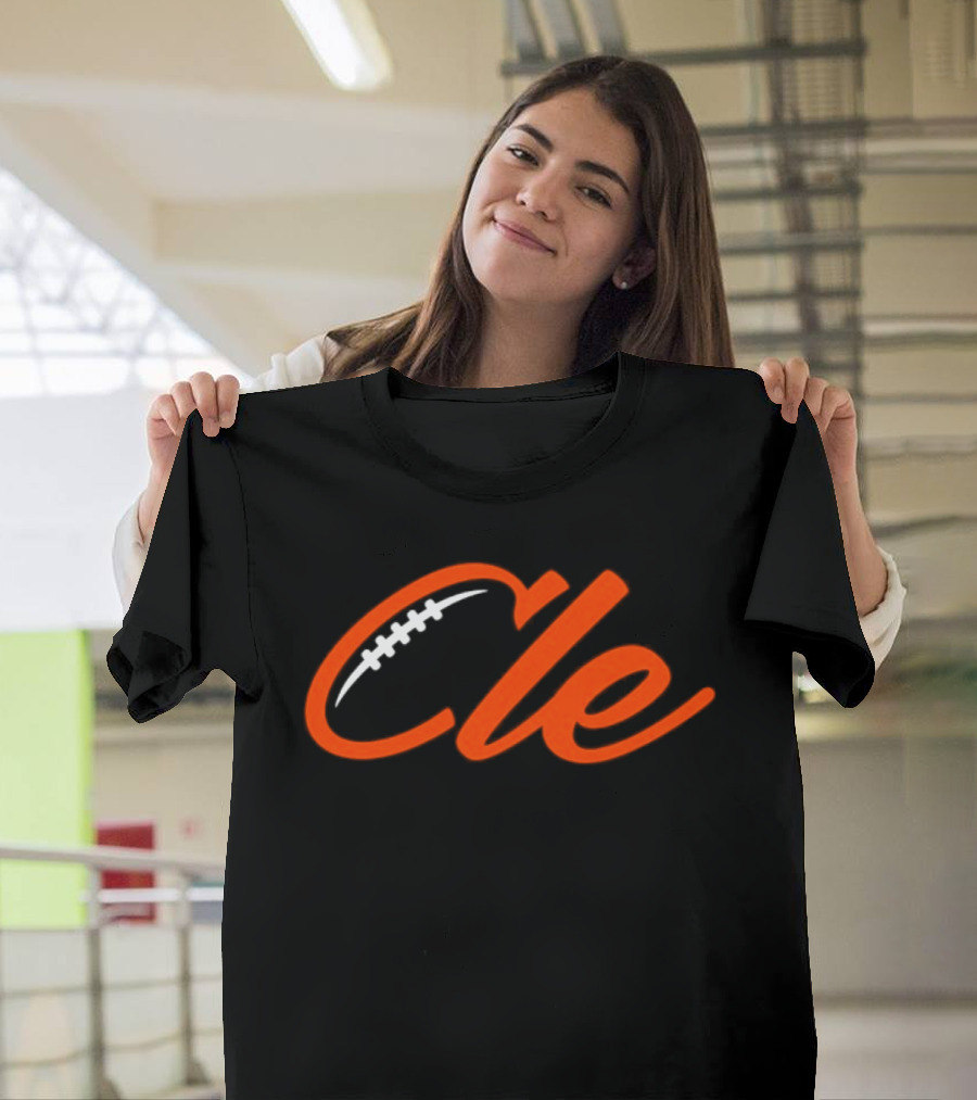 Cleveland Browns Cle Football Team Cle Script Text With Football Stitching T-Shirt