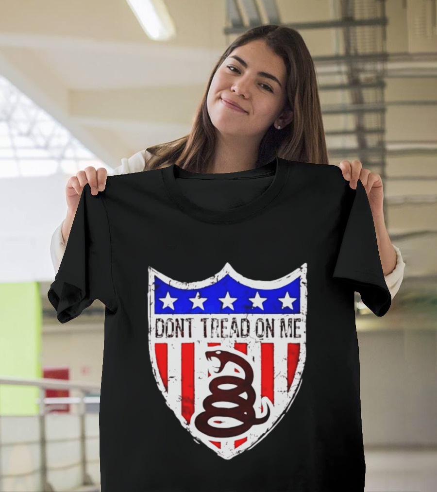 Dont Tread On Me American Flag Shield Gadsden Snake T-Shirt