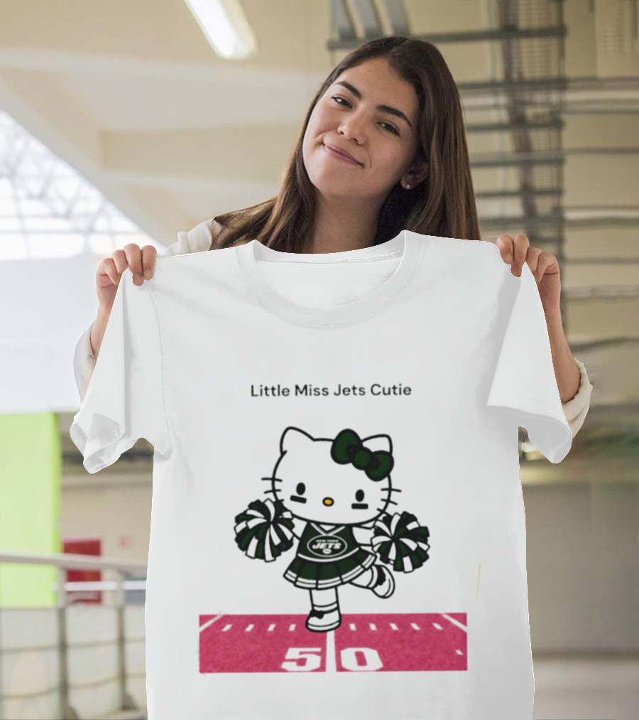 New York Jets Hello Kitty Little Miss Cutie Football Cheerleader On 50 Yard Line T-Shirt