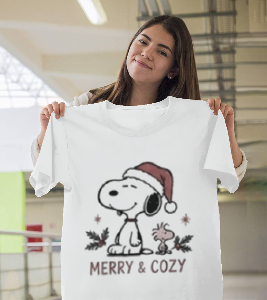 Merry & Cozy Snoopy Christmas Club Holiday Santa Hat And Holly T-Shirt