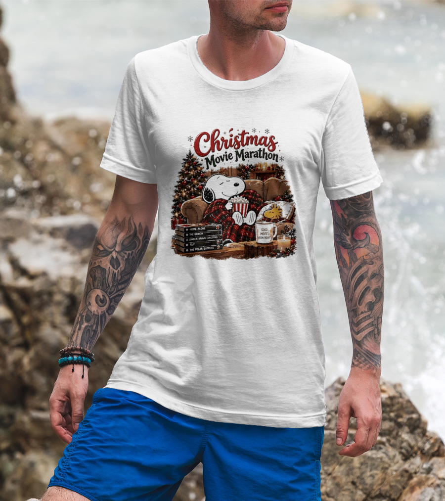 Christmas Movie Marathon Snoopy Popcorn Pajamas T-Shirt