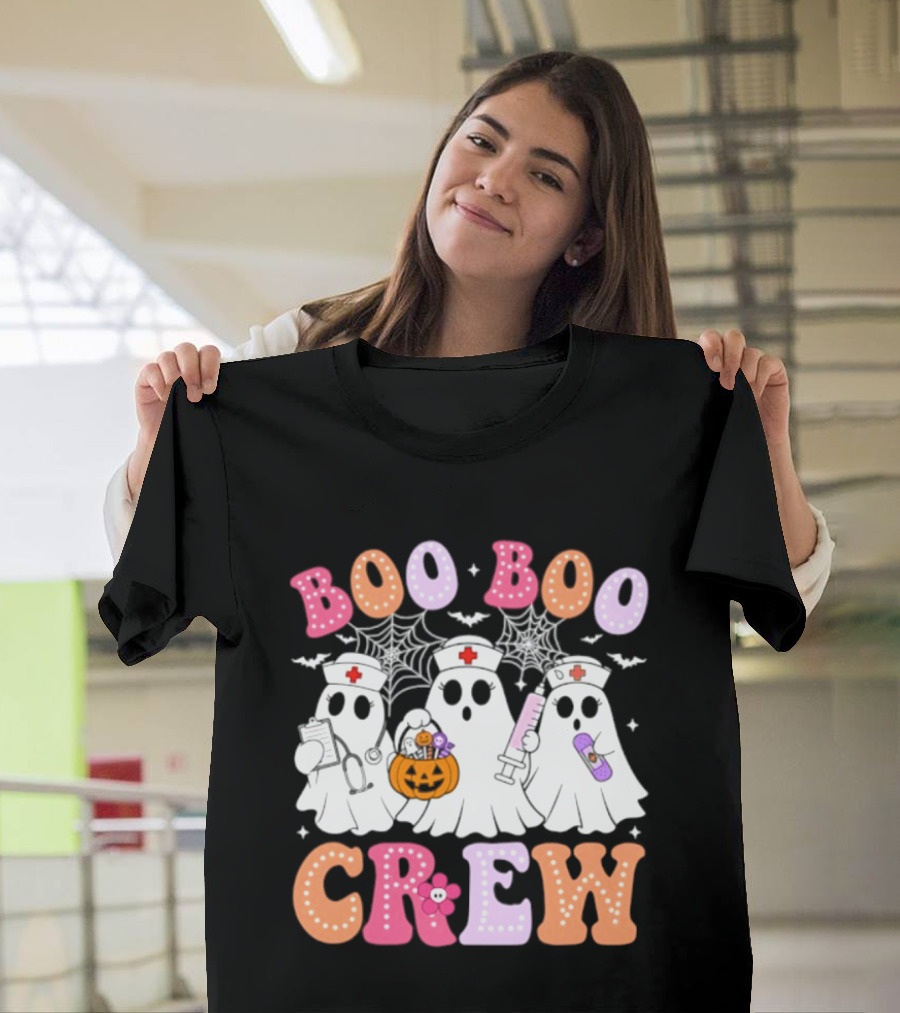 Boo Boo Crew Ghost Nurse Halloween Spooky Pumpkins And Webs T-Shirt