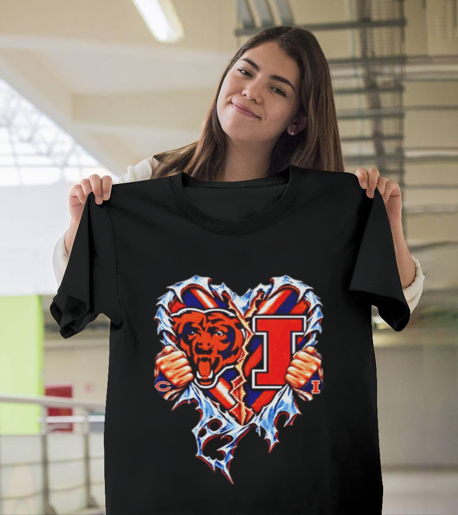Chicago Bears Illinois Fighting Illini Heart Ripped Chest Mashup T-Shirt