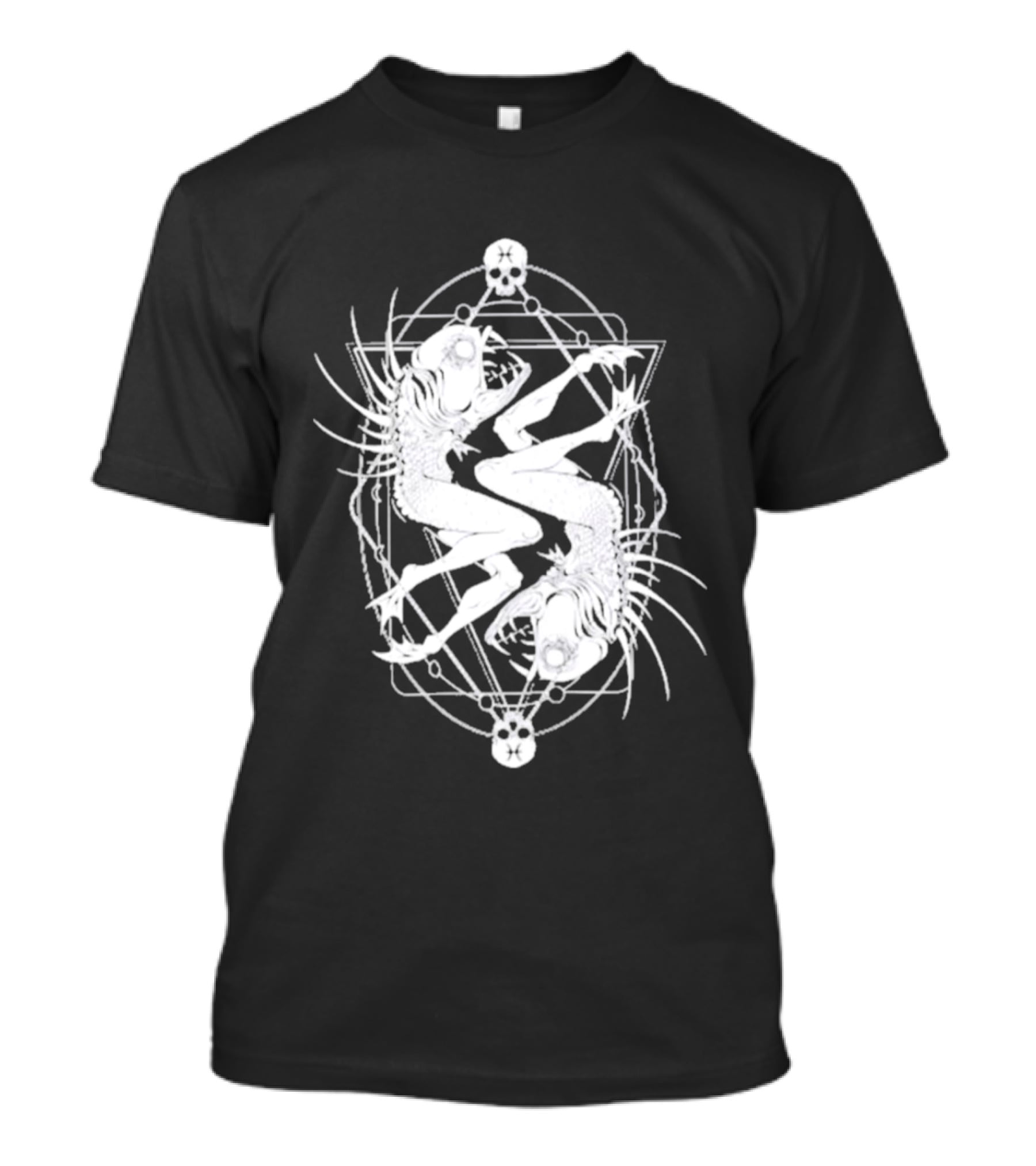 Half Woman Half Fish Skeleton Symmetry With Skulls T-Shirt