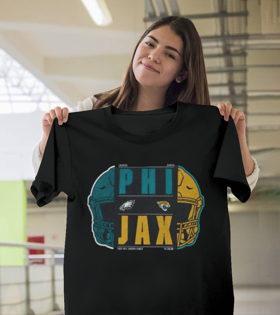 Jacksonville Jaguars Vs Philadelphia Eagles 2026 London Game International City Matchup Football Helmets Logos T-Shirt