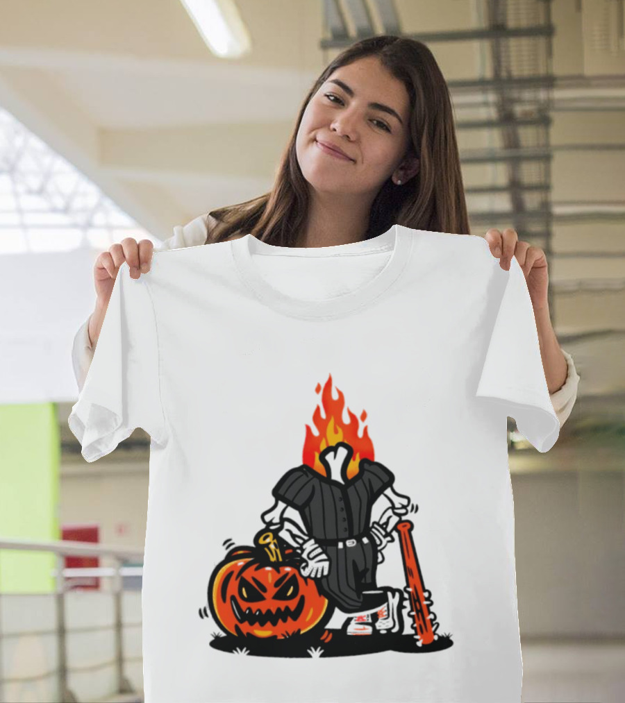 Flaming Pumpkin Head Baseball Player 2026 Halloween T-Shirt