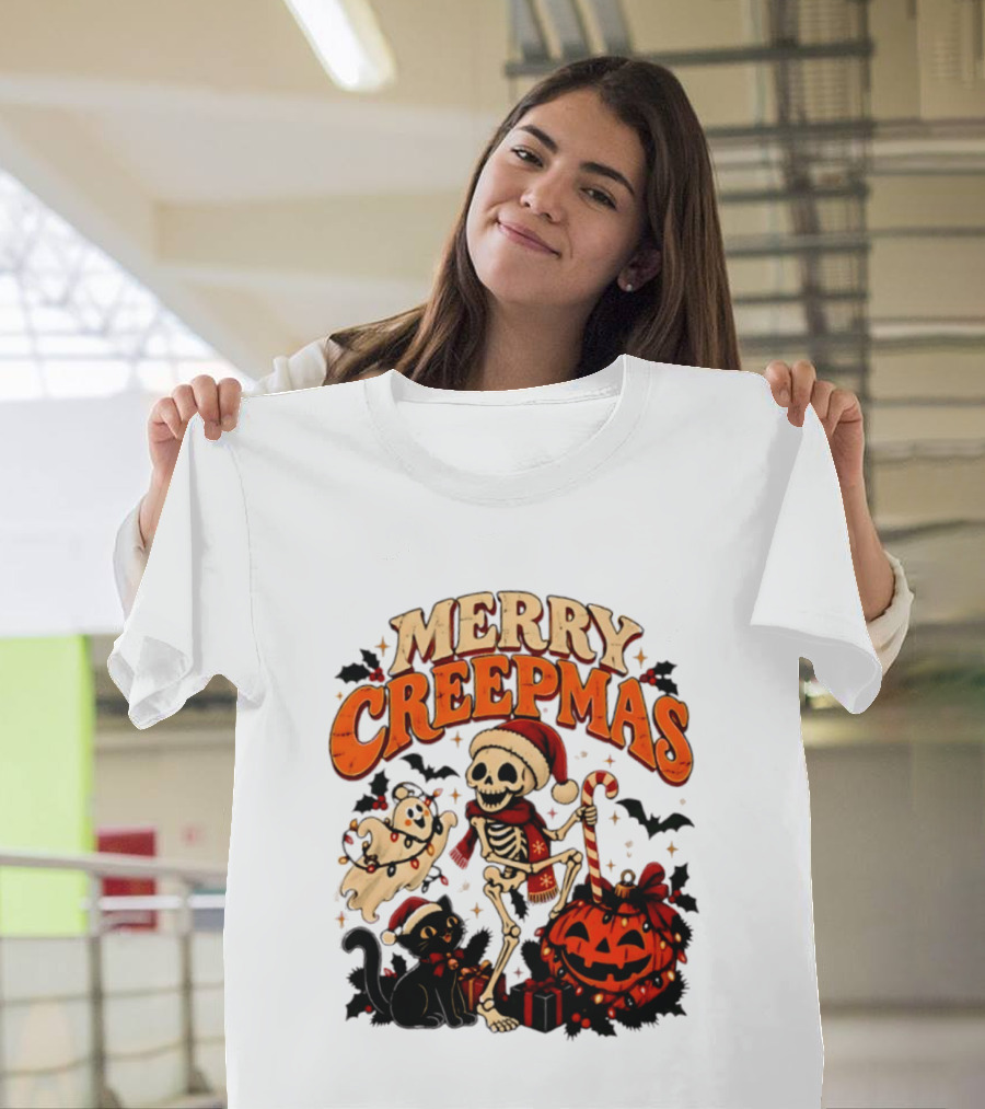 Merry Creepmas Skeleton Ghost Black Cat Pumpkin Holiday Scene T-Shirt