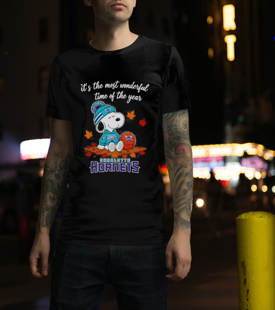 Charlotte Hornets Snoopy Autumn Football Most Wonderful Time Of The Year T-Shirt