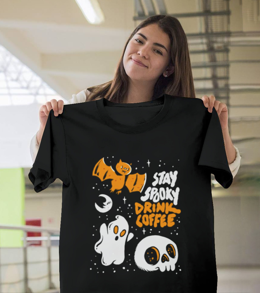Stay Spooky Drink Coffee Halloween Ghost With Bat Skull And Moon T-Shirt