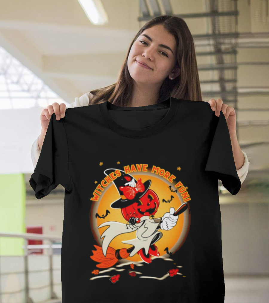Witches Have More Fun Pumpkin Witch Riding Broomstick Halloween Magic T-Shirt