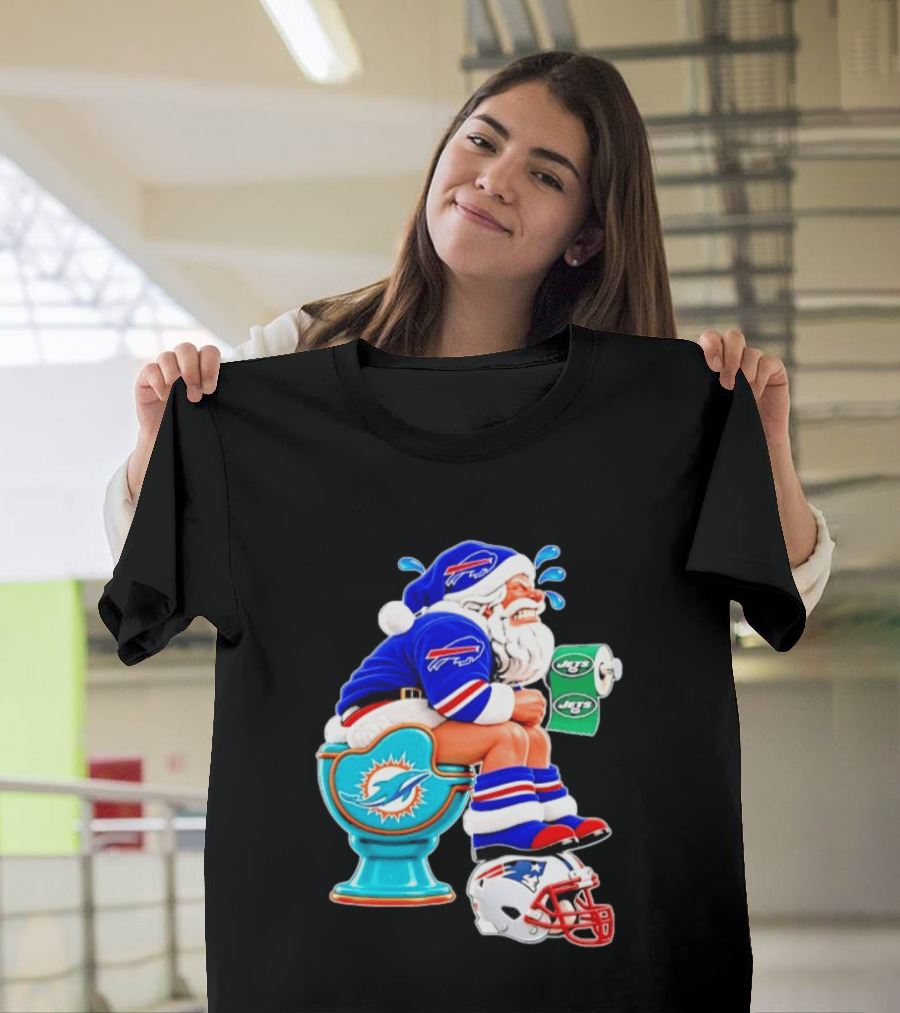 Buffalo Bills Santa On Miami Dolphins Toilet With NY Jets Paper And Patriots Helmet T-Shirt