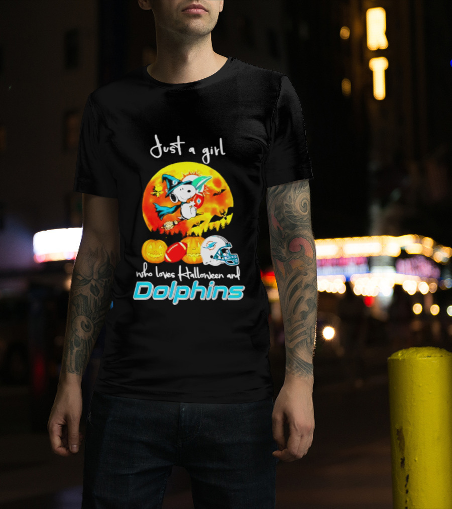 Just A Girl Who Loves Halloween And Miami Dolphins Snoopy Woodstock Pumpkin Football T-Shirt