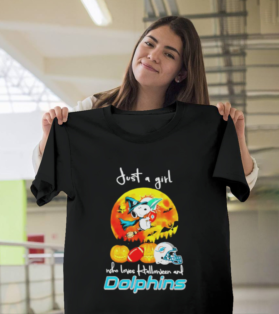 Just A Girl Who Loves Halloween And Miami Dolphins Snoopy Woodstock Pumpkin Football T-Shirt