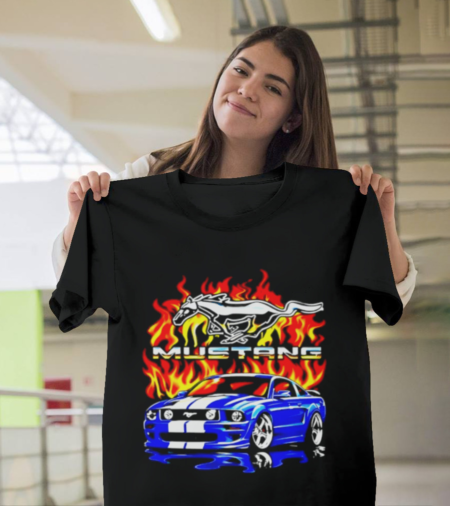 Mustang Blue Car With Flaming Horse And Fire T-Shirt