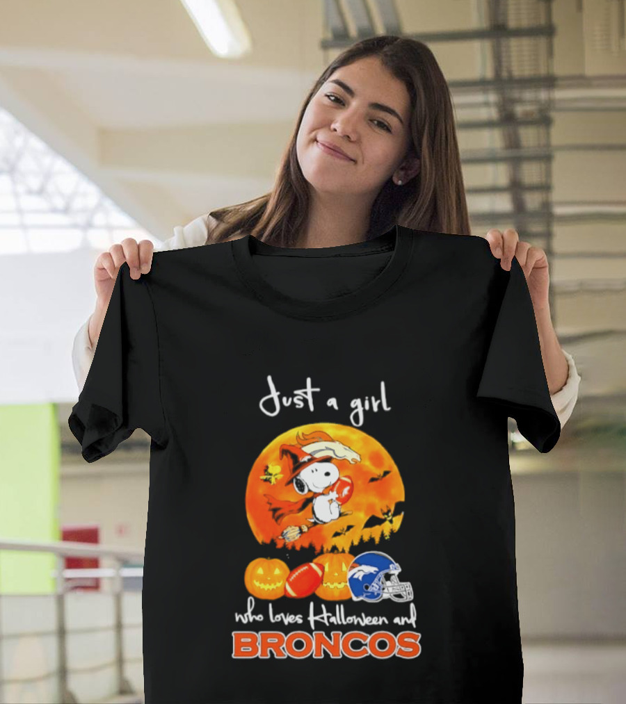 Just A Girl Who Loves Halloween And Broncos Football With Snoopy And Woodstock In Pumpkin T-Shirt