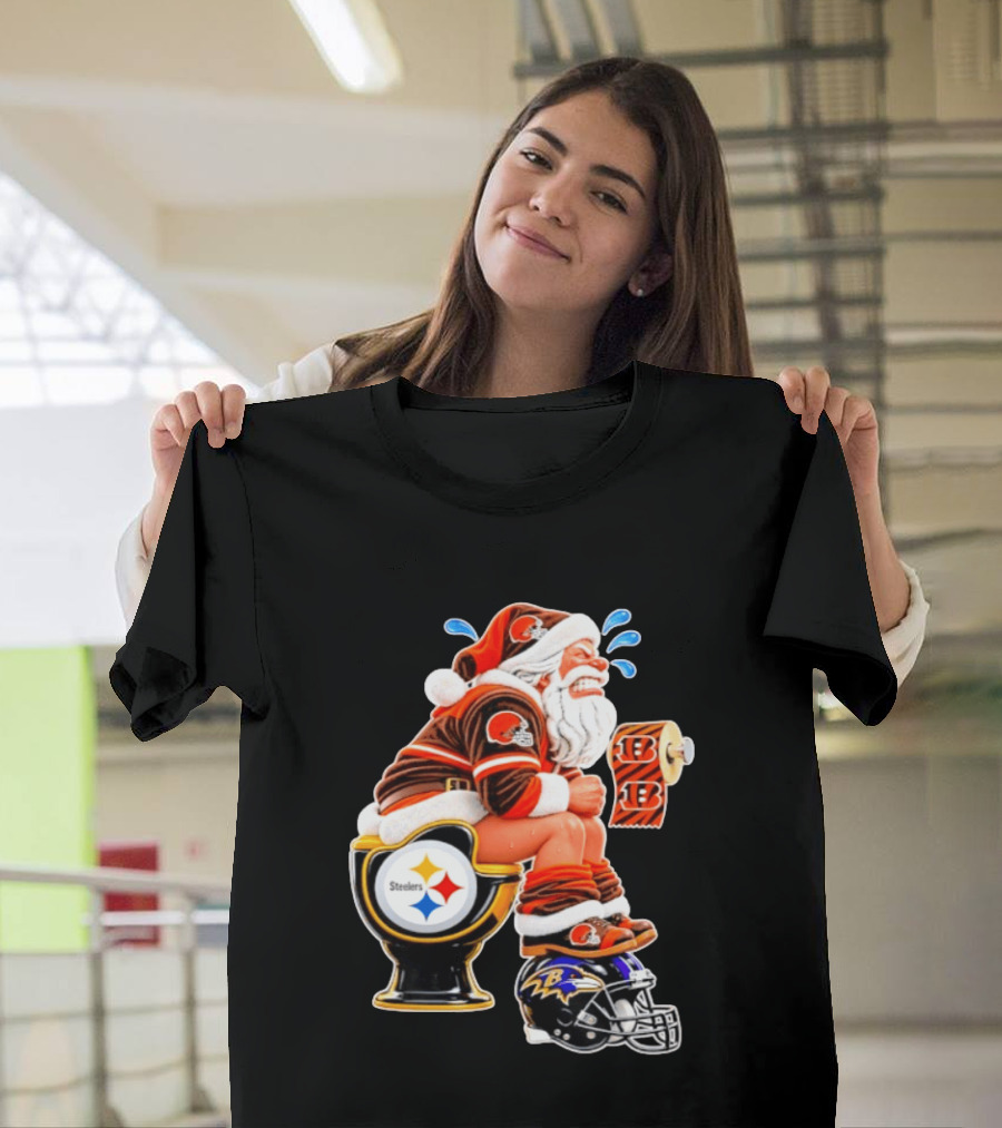 Santa Claus Cleveland Browns Toilet Sitting Steelers Ravens Bengals Meme T-Shirt