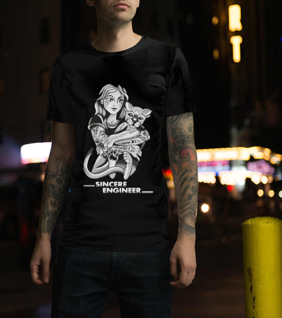 Sincere Engineer Punk Alternative Tattooed Girl Hugging Cat T-Shirt
