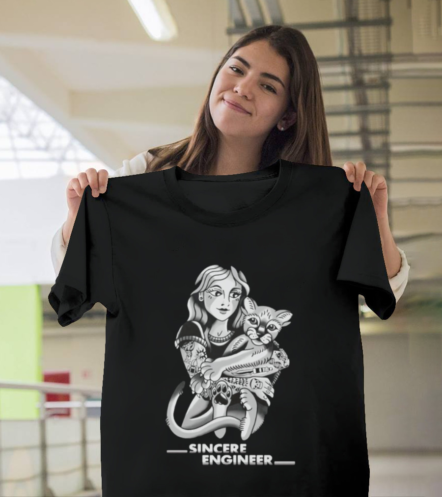 Sincere Engineer Punk Alternative Tattooed Girl Hugging Cat T-Shirt