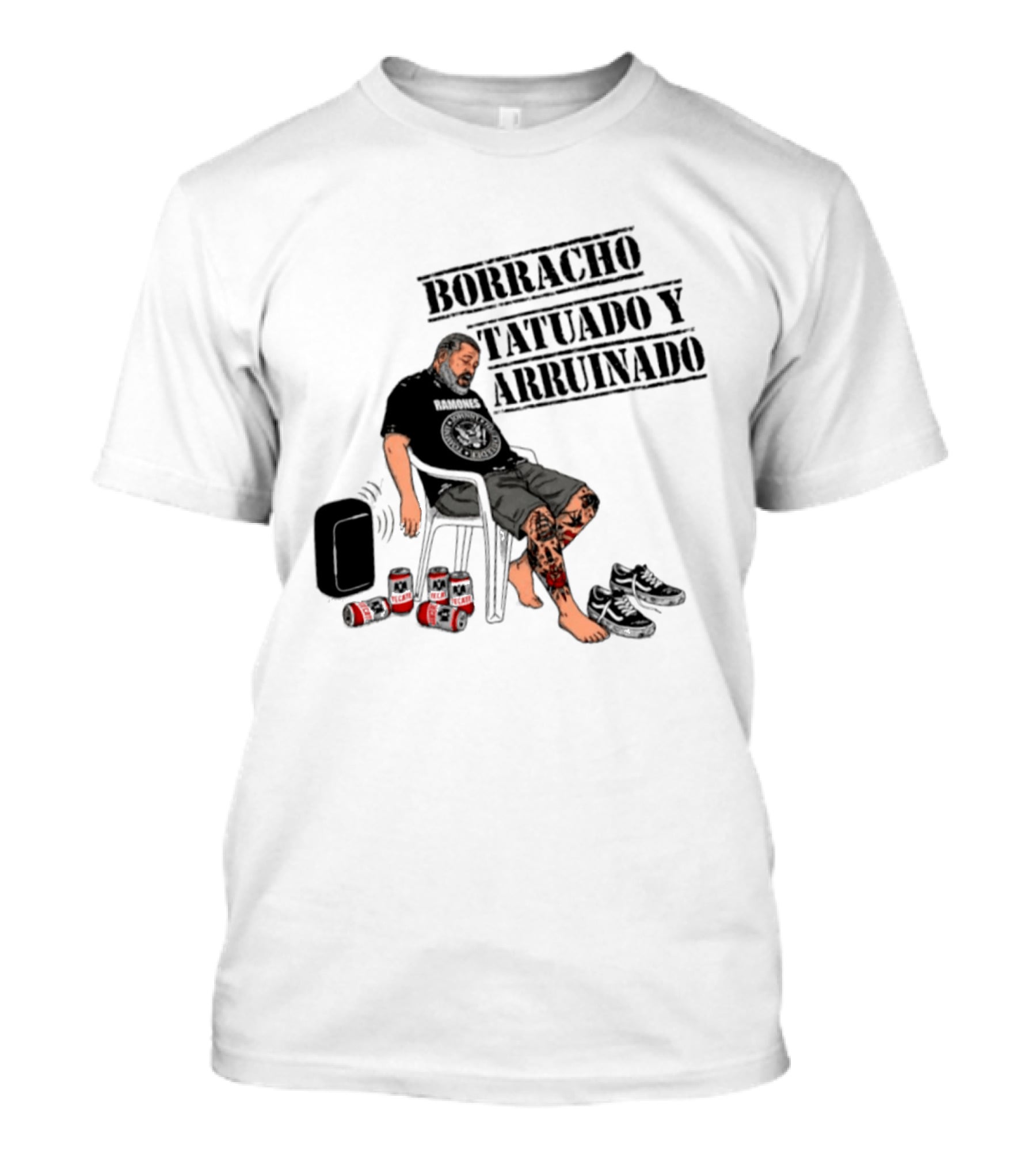Borracho Tatuado Y Arruinado Hombre Con Pierna Tatuada Y Botellas Vibrando T-Shirt