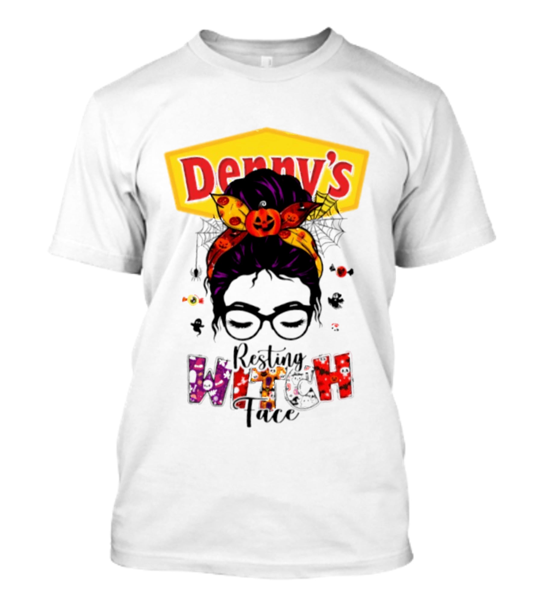 Denny's Resting Witch Face Halloween 2026 Pumpkin Headband And Web Glasses T-Shirt