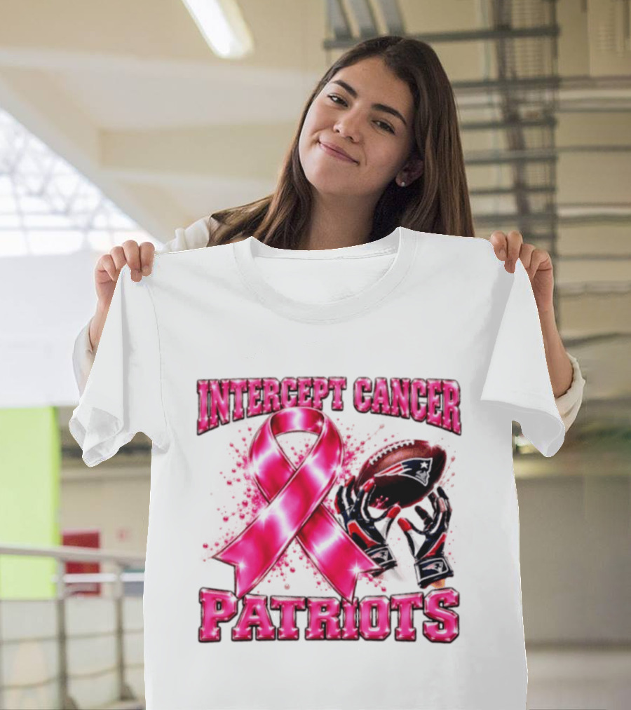 Intercept Cancer New England Patriots 2026 Football Gloves Pink Ribbon Awareness T-Shirt