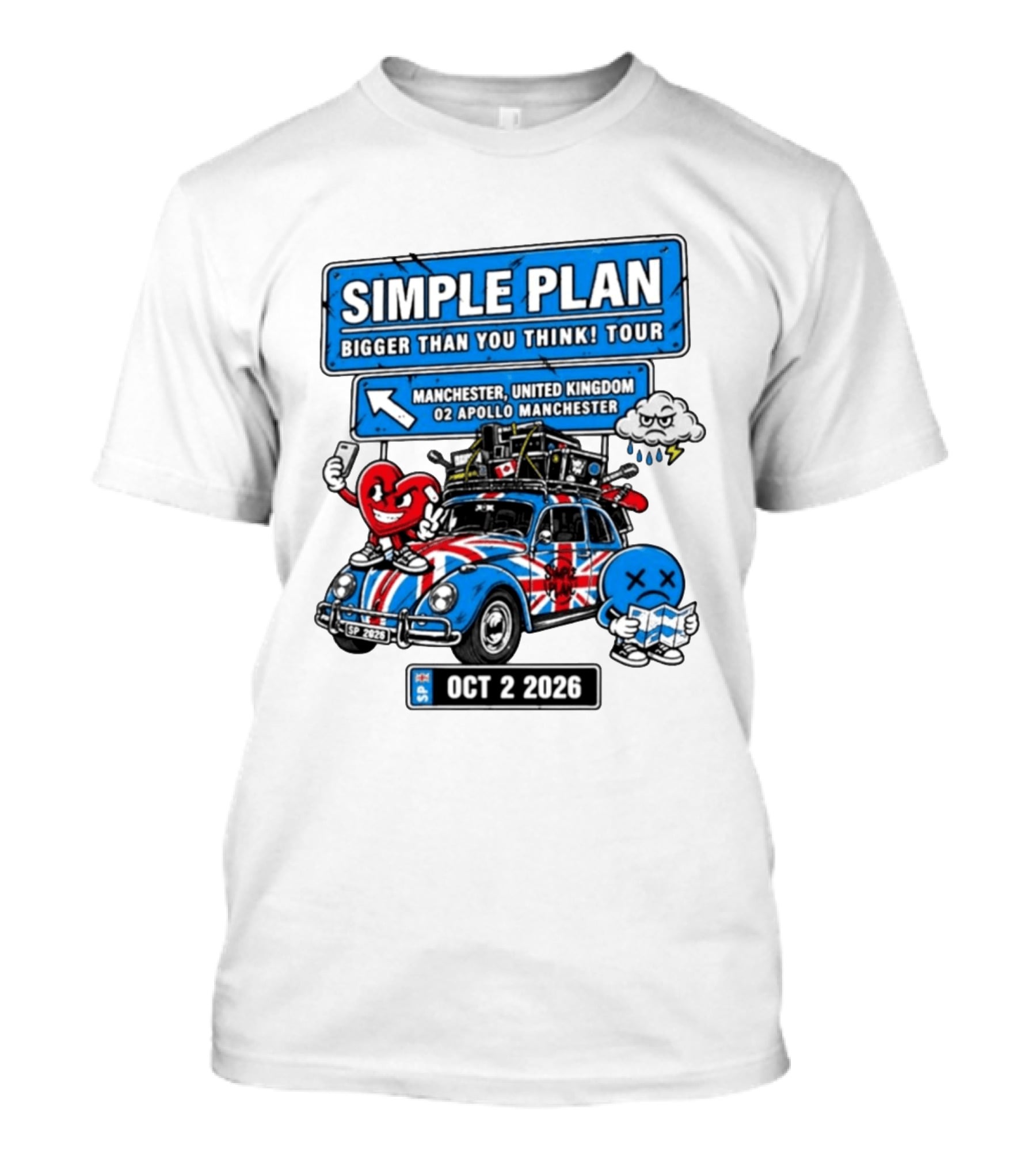 Simple Plan Bigger Than You Think Tour Manchester O2 Apollo Oct 2 2026 Car And Characters T-Shirt
