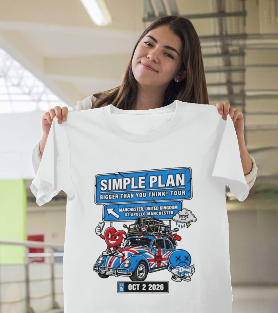Simple Plan Bigger Than You Think Tour Manchester O2 Apollo Oct 2 2026 Car And Characters T-Shirt