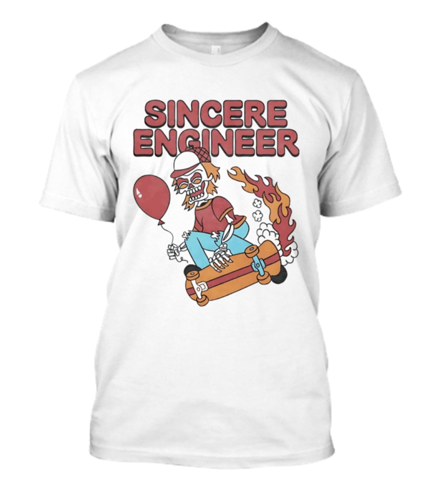 Sincere Engineer Skeleton Skateboarder With Balloon And Flaming Wheels T-Shirt